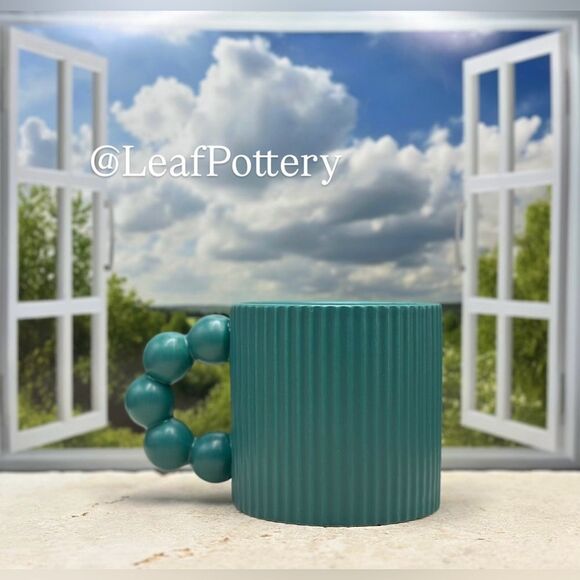 Teal Fluted Ceramic 18oz Mug with Beaded Handle - Picture 7 of 10